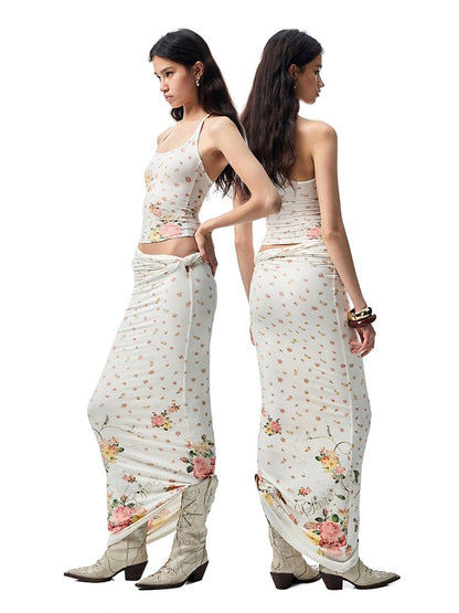 Floral All Over Printed Big Round Neck Knotted Tank Top&Slouchy Maxi Skirt Set【s0000012927】