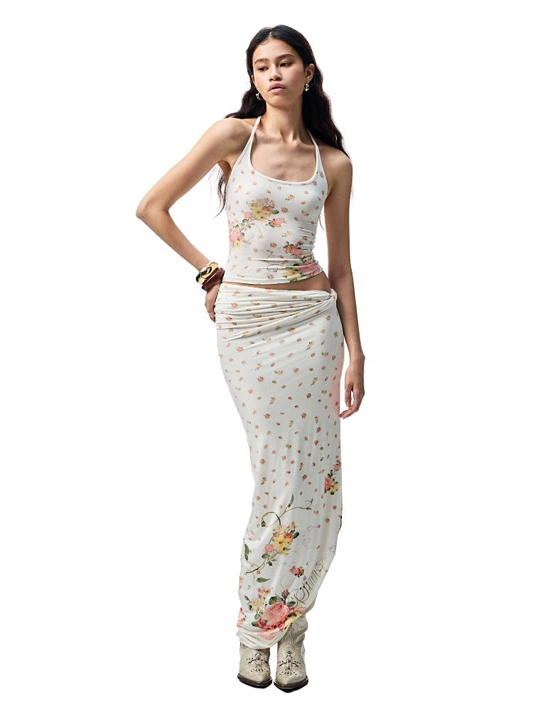 Floral All Over Printed Big Round Neck Knotted Tank Top&Slouchy Maxi Skirt Set【s0000012927】