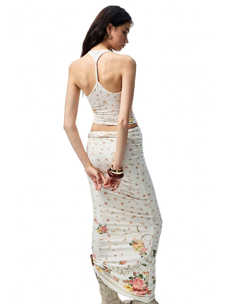 Floral All Over Printed Big Round Neck Knotted Tank Top&Slouchy Maxi Skirt Set【s0000012927】