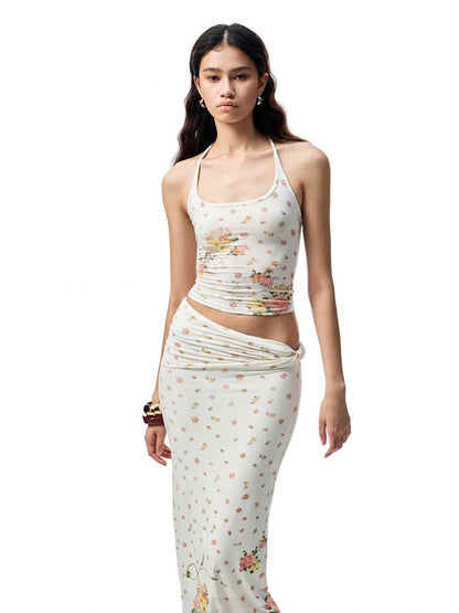 Floral All Over Printed Big Round Neck Knotted Tank Top&Slouchy Maxi Skirt Set【s0000012927】