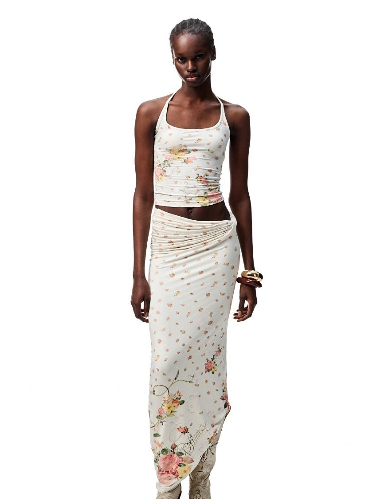 Floral All Over Printed Big Round Neck Knotted Tank Top&Slouchy Maxi Skirt Set【s0000012927】