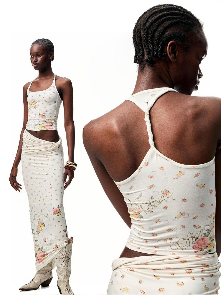 Floral All Over Printed Big Round Neck Knotted Tank Top&Slouchy Maxi Skirt Set【s0000012927】