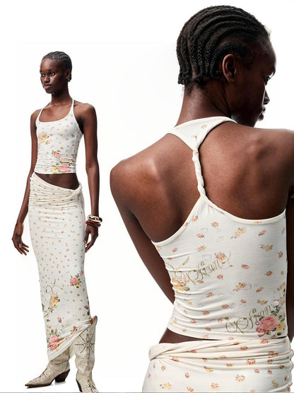 Floral All Over Printed Big Round Neck Knotted Tank Top&Slouchy Maxi Skirt Set【s0000012927】