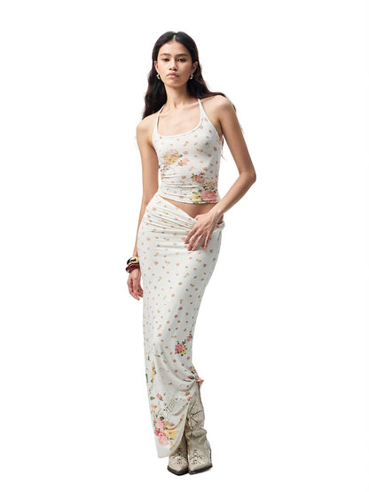 Floral All Over Printed Big Round Neck Knotted Tank Top&Slouchy Maxi Skirt Set【s0000012927】