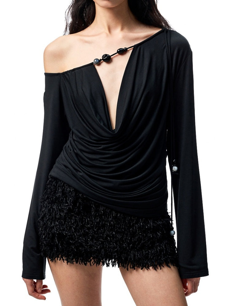 Feather V-Neck Beaded Draped  Halter Neck Camisole&Slim Mini Skirt Set【s0000012928】