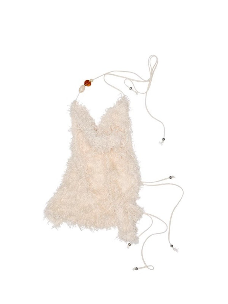 Feather V-Neck Beaded Draped  Halter Neck Camisole&Slim Mini Skirt Set【s0000012928】