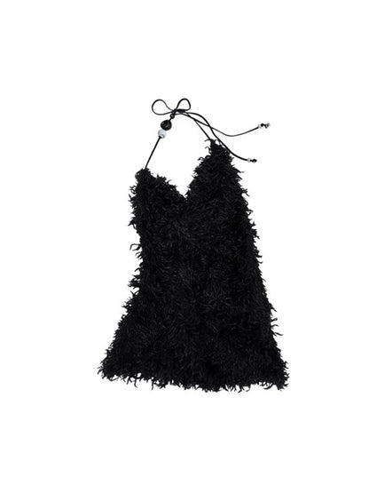 Feather V-Neck Beaded Draped  Halter Neck Camisole&Slim Mini Skirt Set【s0000012928】