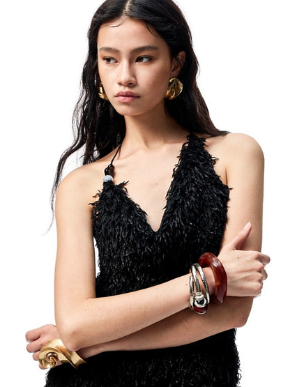 Feather V-Neck Beaded Draped  Halter Neck Camisole&Slim Mini Skirt Set【s0000012928】