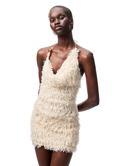 Feather V-Neck Beaded Draped  Halter Neck Camisole&Slim Mini Skirt Set【s0000012928】