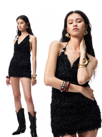 Feather V-Neck Beaded Draped  Halter Neck Camisole&Slim Mini Skirt Set【s0000012928】