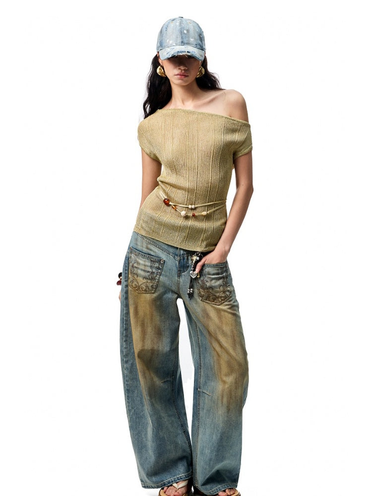 Asymmetric Shoulder Lace-Up Knit Sheer Loose Short Sleeved  T-Shirt【s0000012930】