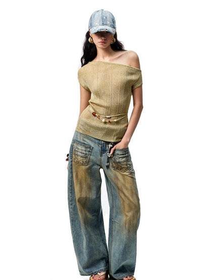 Asymmetric Shoulder Lace-Up Knit Sheer Loose Short Sleeved  T-Shirt【s0000012930】