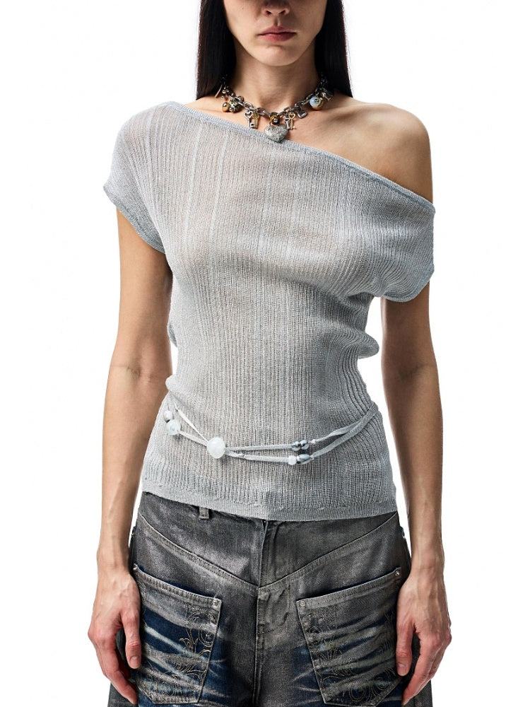 Asymmetric Shoulder Lace-Up Knit Sheer Loose Short Sleeved  T-Shirt【s0000012930】