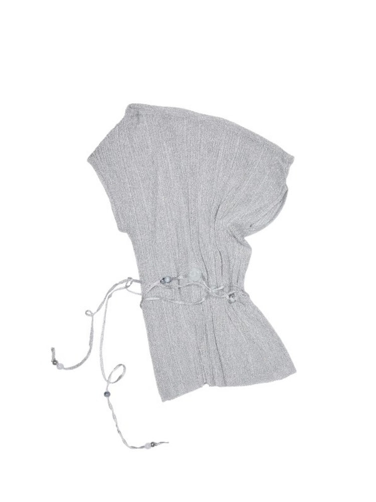 Asymmetric Shoulder Lace-Up Knit Sheer Loose Short Sleeved  T-Shirt【s0000012930】