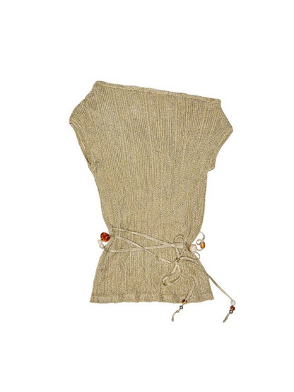 Asymmetric Shoulder Lace-Up Knit Sheer Loose Short Sleeved  T-Shirt【s0000012930】