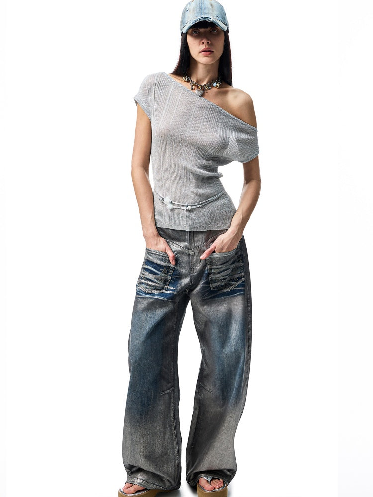 Asymmetric Shoulder Lace-Up Knit Sheer Loose Short Sleeved  T-Shirt【s0000012930】