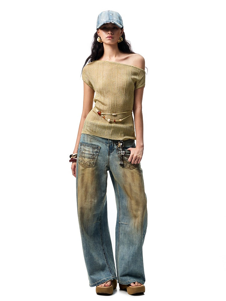 Asymmetric Shoulder Lace-Up Knit Sheer Loose Short Sleeved  T-Shirt【s0000012930】