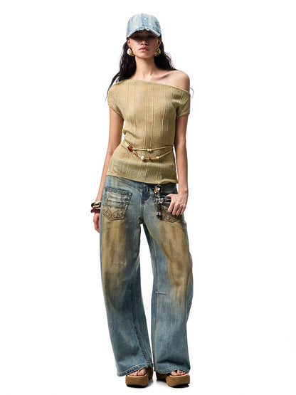 Asymmetric Shoulder Lace-Up Knit Sheer Loose Short Sleeved  T-Shirt【s0000012930】