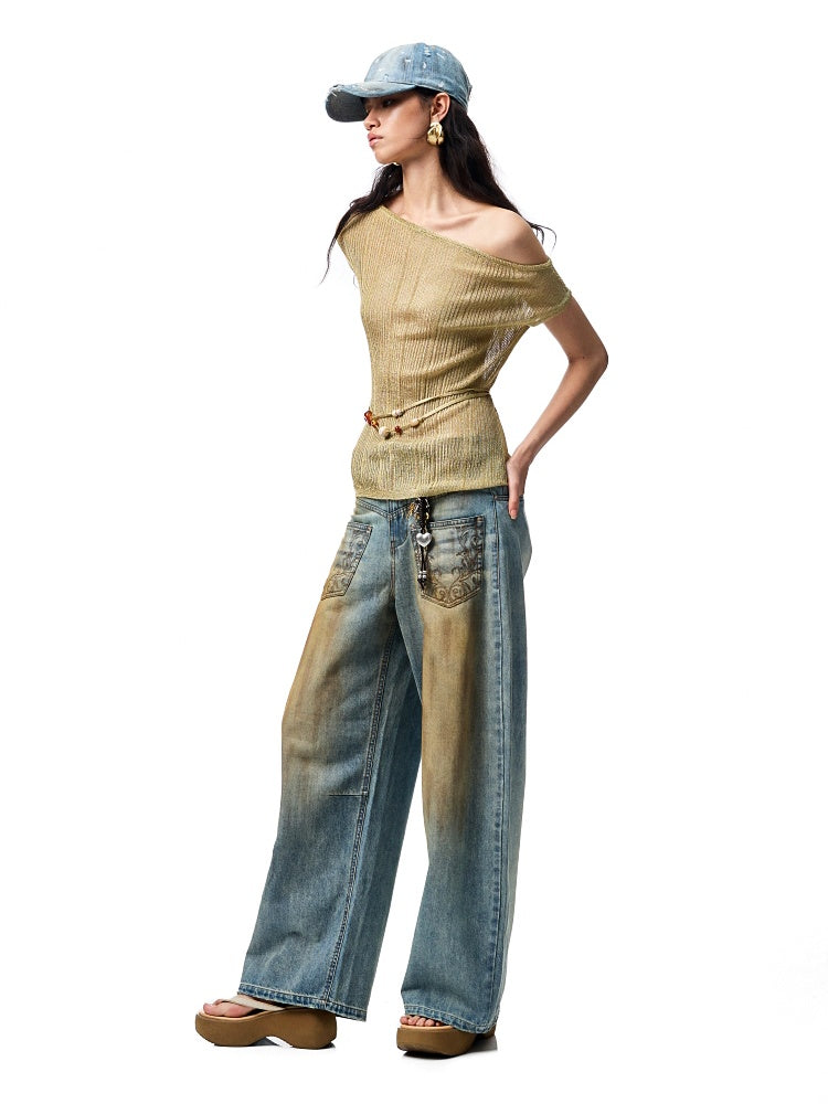 Asymmetric Shoulder Lace-Up Knit Sheer Loose Short Sleeved  T-Shirt【s0000012930】