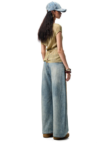 Asymmetric Shoulder Lace-Up Knit Sheer Loose Short Sleeved  T-Shirt【s0000012930】