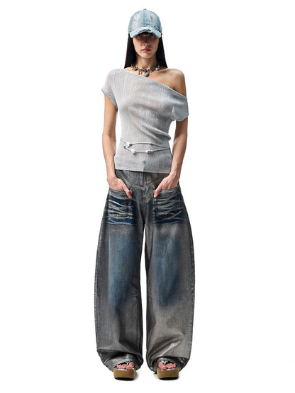 Asymmetric Shoulder Lace-Up Knit Sheer Loose Short Sleeved  T-Shirt【s0000012930】