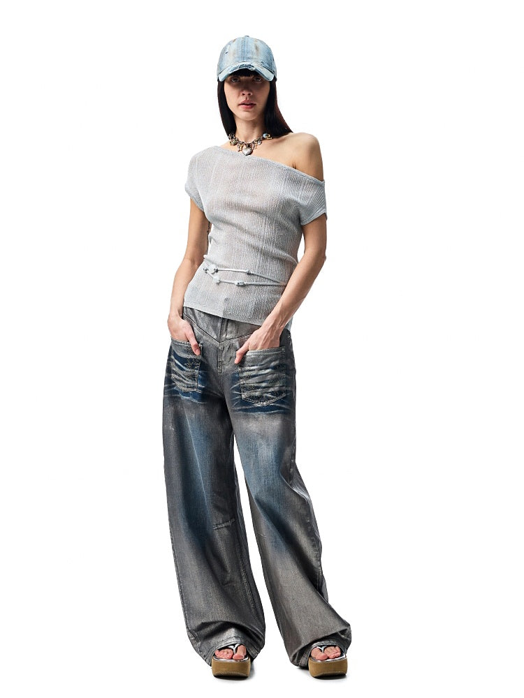 Asymmetric Shoulder Lace-Up Knit Sheer Loose Short Sleeved  T-Shirt【s0000012930】