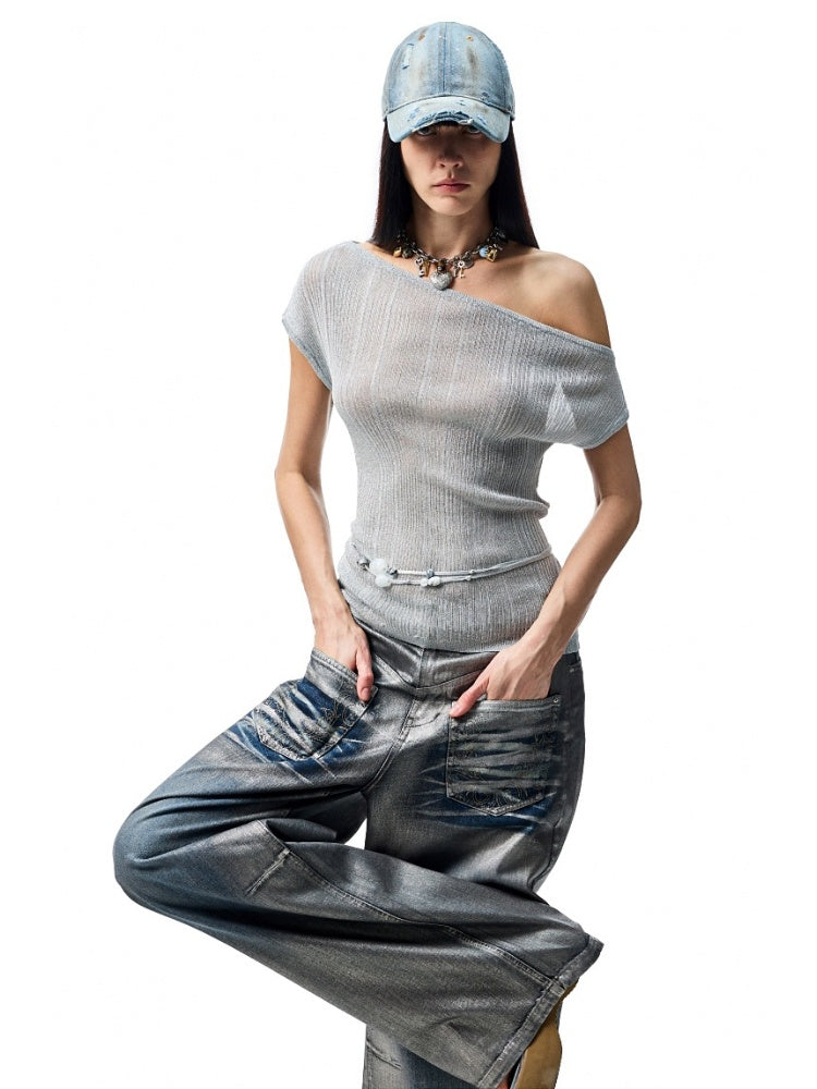 Asymmetric Shoulder Lace-Up Knit Sheer Loose Short Sleeved  T-Shirt【s0000012930】