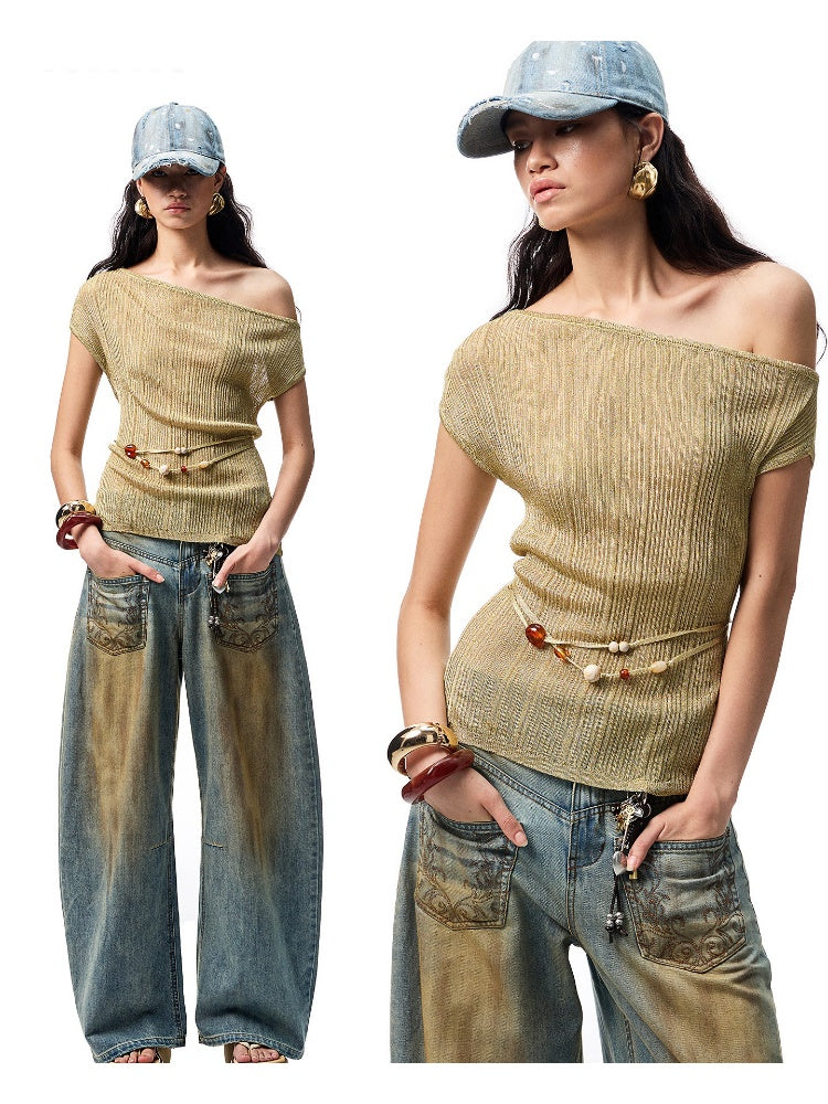 Asymmetric Shoulder Lace-Up Knit Sheer Loose Short Sleeved  T-Shirt【s0000012930】