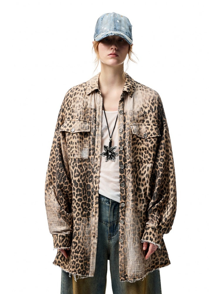 Wash Distressed Leopard Print Irregular Raw Edged Slouchy Shirt【s0000012931】