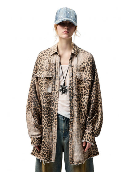 Wash Distressed Leopard Print Irregular Raw Edged Slouchy Shirt【s0000012931】