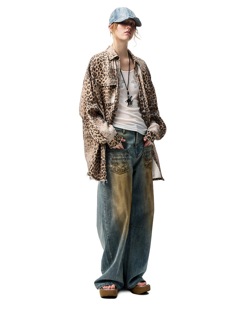 Wash Distressed Leopard Print Irregular Raw Edged Slouchy Shirt【s0000012931】