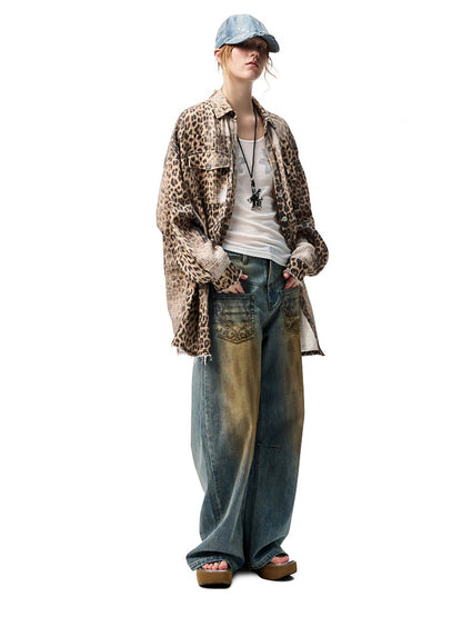 Wash Distressed Leopard Print Irregular Raw Edged Slouchy Shirt【s0000012931】