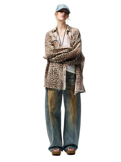 Wash Distressed Leopard Print Irregular Raw Edged Slouchy Shirt【s0000012931】