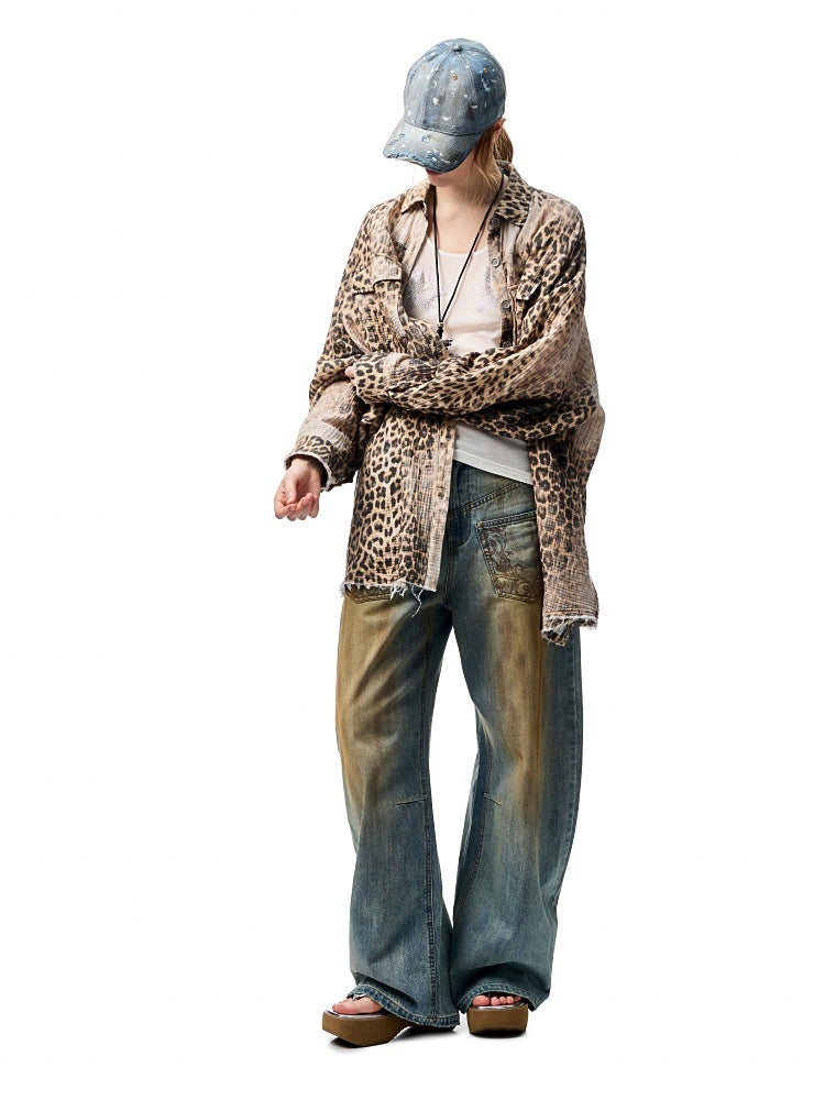 Wash Distressed Leopard Print Irregular Raw Edged Slouchy Shirt【s0000012931】