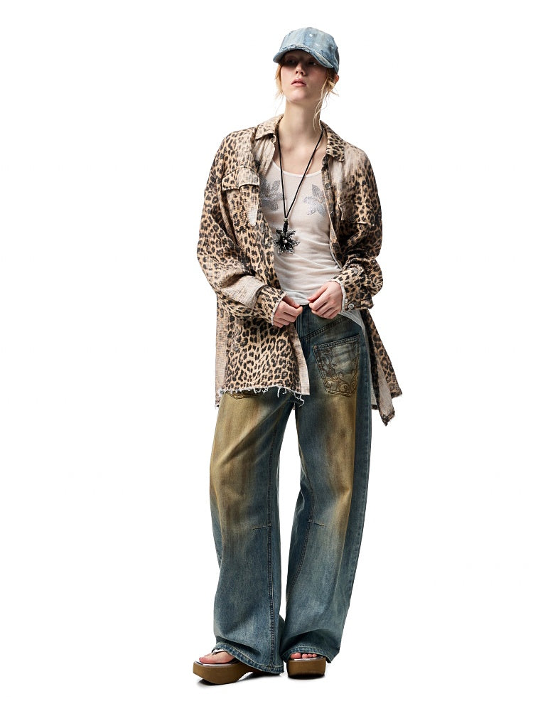 Wash Distressed Leopard Print Irregular Raw Edged Slouchy Shirt【s0000012931】