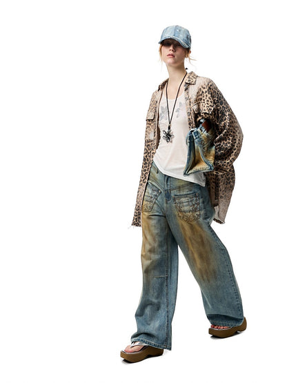 Wash Distressed Leopard Print Irregular Raw Edged Slouchy Shirt【s0000012931】