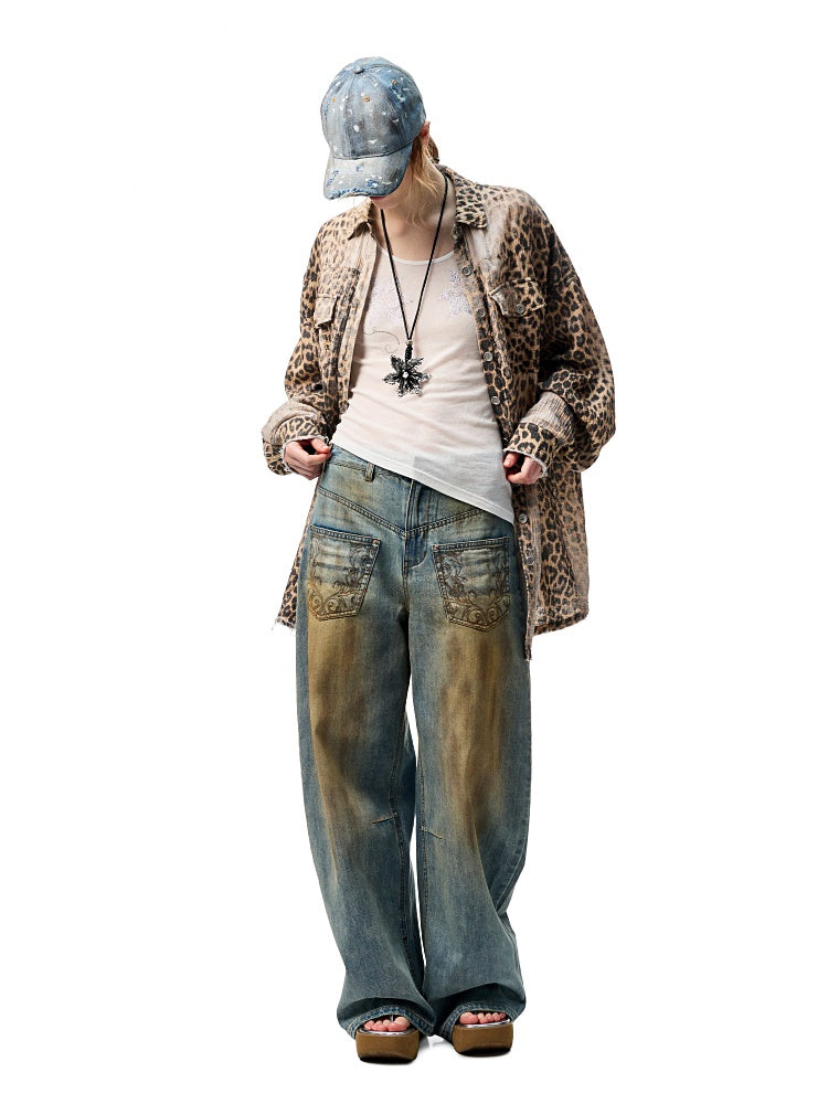 Wash Distressed Leopard Print Irregular Raw Edged Slouchy Shirt【s0000012931】