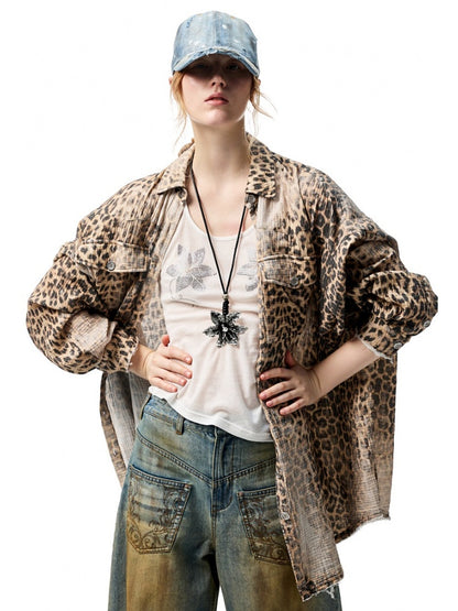 Wash Distressed Leopard Print Irregular Raw Edged Slouchy Shirt【s0000012931】