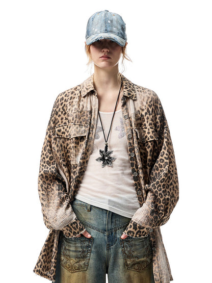 Wash Distressed Leopard Print Irregular Raw Edged Slouchy Shirt【s0000012931】