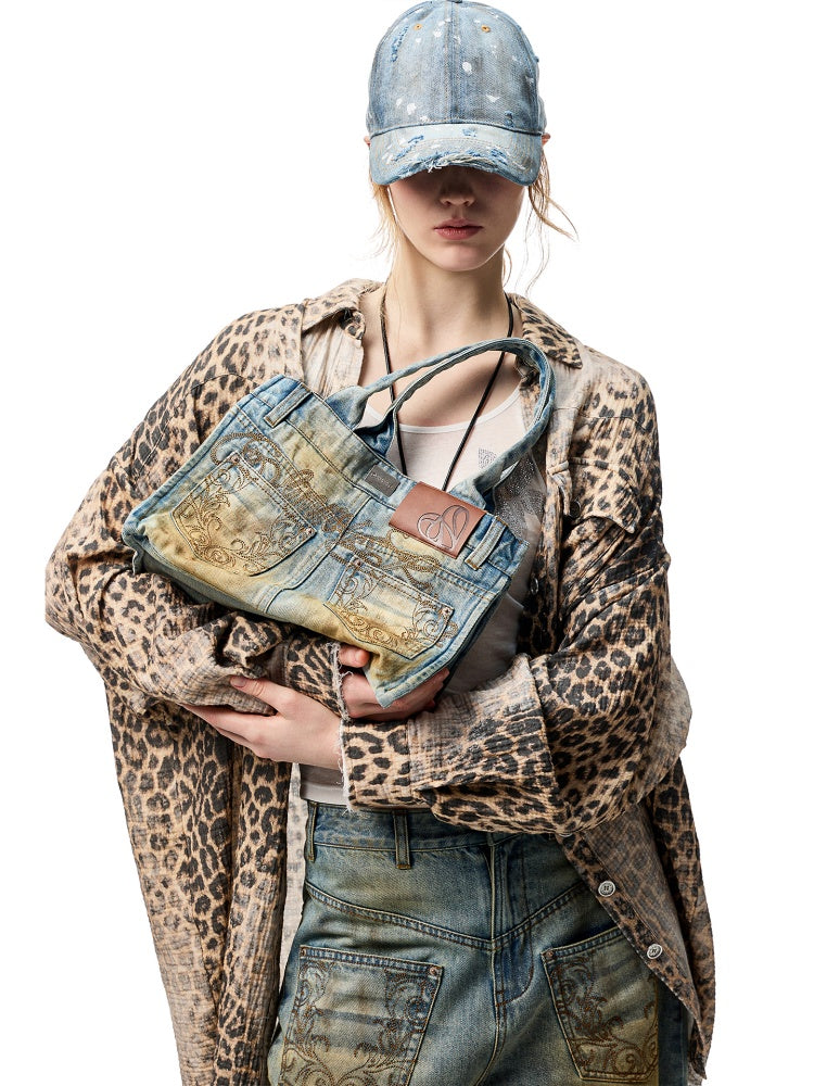 Wash Distressed Leopard Print Irregular Raw Edged Slouchy Shirt【s0000012931】