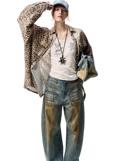 Wash Distressed Leopard Print Irregular Raw Edged Slouchy Shirt【s0000012931】