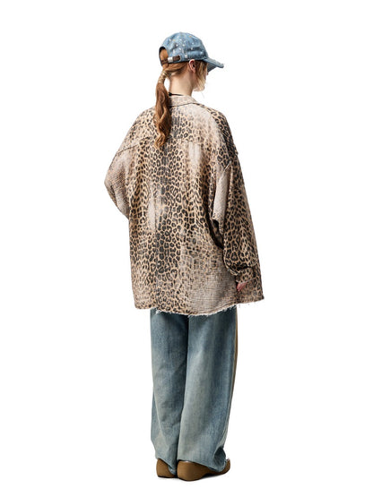 Wash Distressed Leopard Print Irregular Raw Edged Slouchy Shirt【s0000012931】