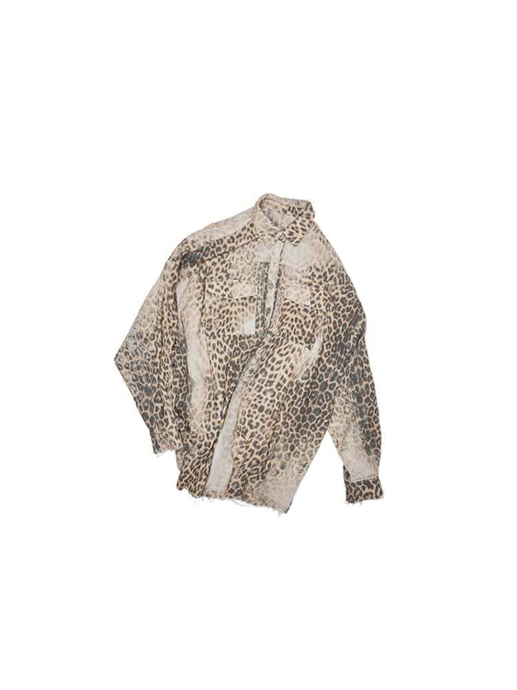 Wash Distressed Leopard Print Irregular Raw Edged Slouchy Shirt【s0000012931】