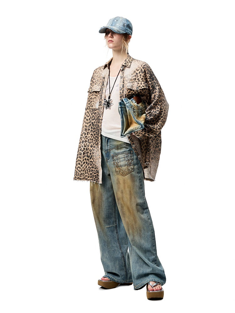Wash Distressed Leopard Print Irregular Raw Edged Slouchy Shirt【s0000012931】