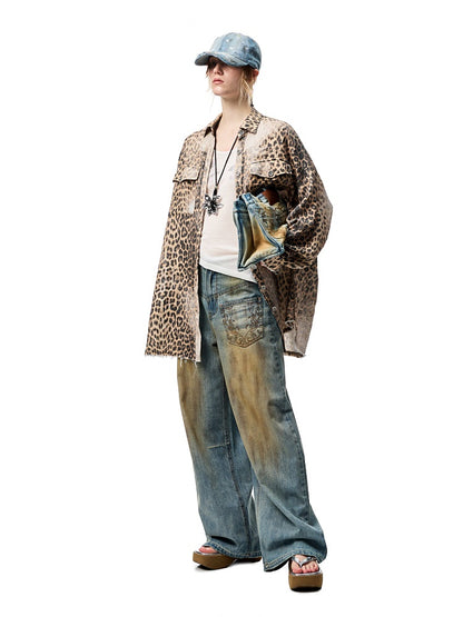 Wash Distressed Leopard Print Irregular Raw Edged Slouchy Shirt【s0000012931】