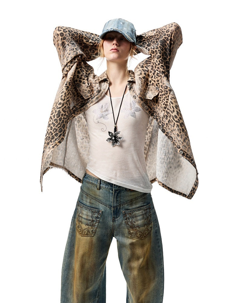 Wash Distressed Leopard Print Irregular Raw Edged Slouchy Shirt【s0000012931】