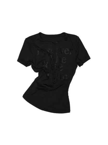 Hot-Fix Letter V-Neck Hidden Zip Slim Cropped T-Shirt【s0000012932】