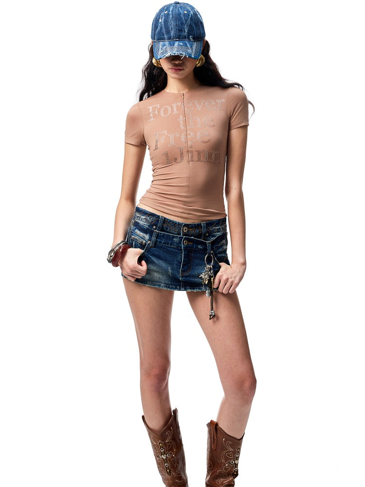 Hot-Fix Letter V-Neck Hidden Zip Slim Cropped T-Shirt【s0000012932】