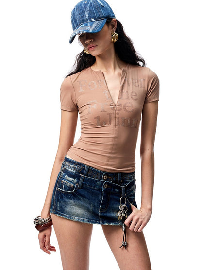 Hot-Fix Letter V-Neck Hidden Zip Slim Cropped T-Shirt【s0000012932】