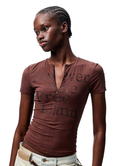 Hot-Fix Letter V-Neck Hidden Zip Slim Cropped T-Shirt【s0000012932】